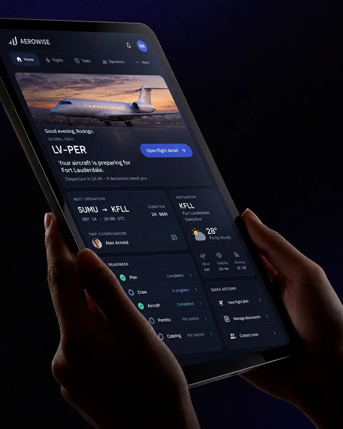 Aerowise app on a tablet, showing an upcoming flight and its readiness checklist