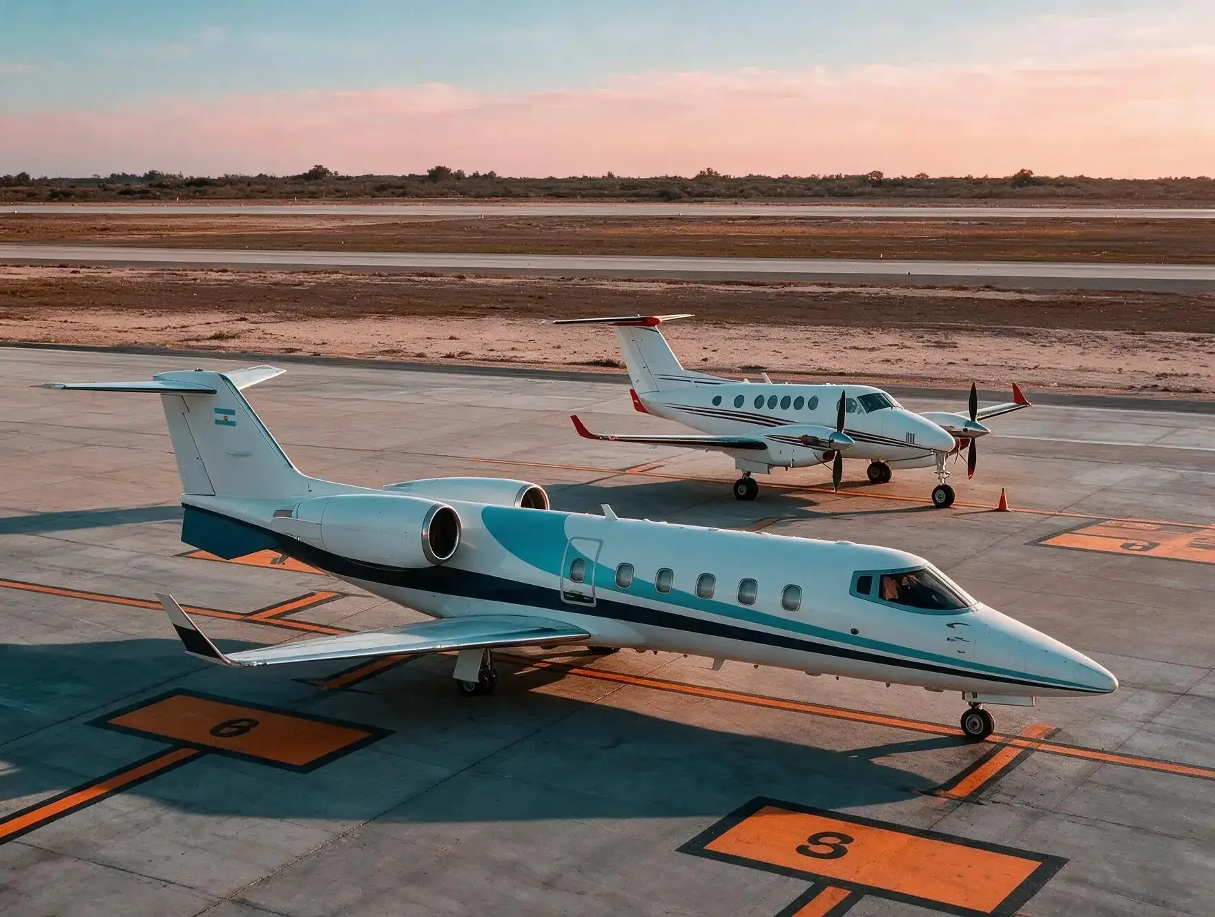 Midsize business jet and a twin turboprop on an apron at sunset