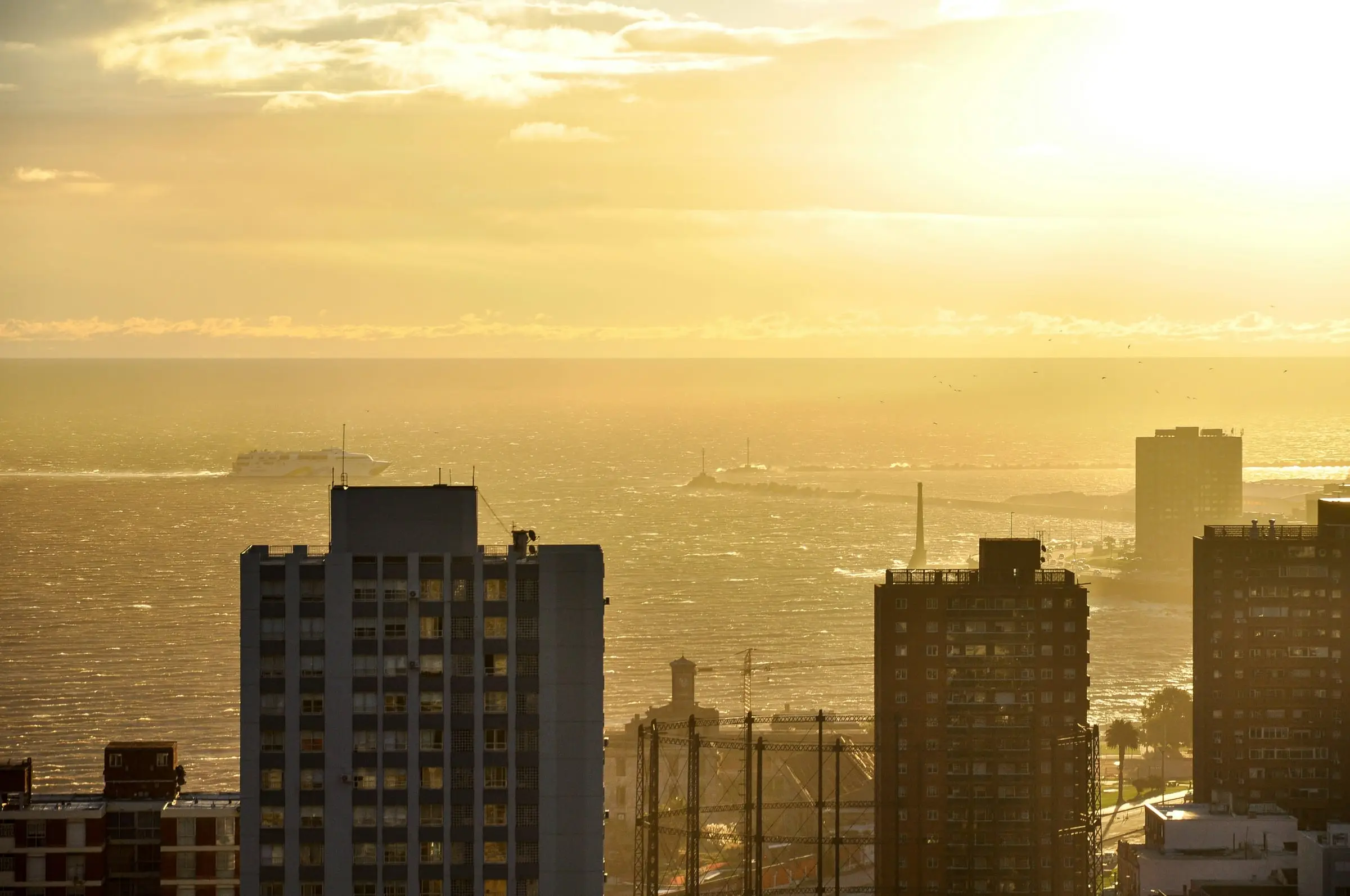 Montevideo waterfront skyline at sunset