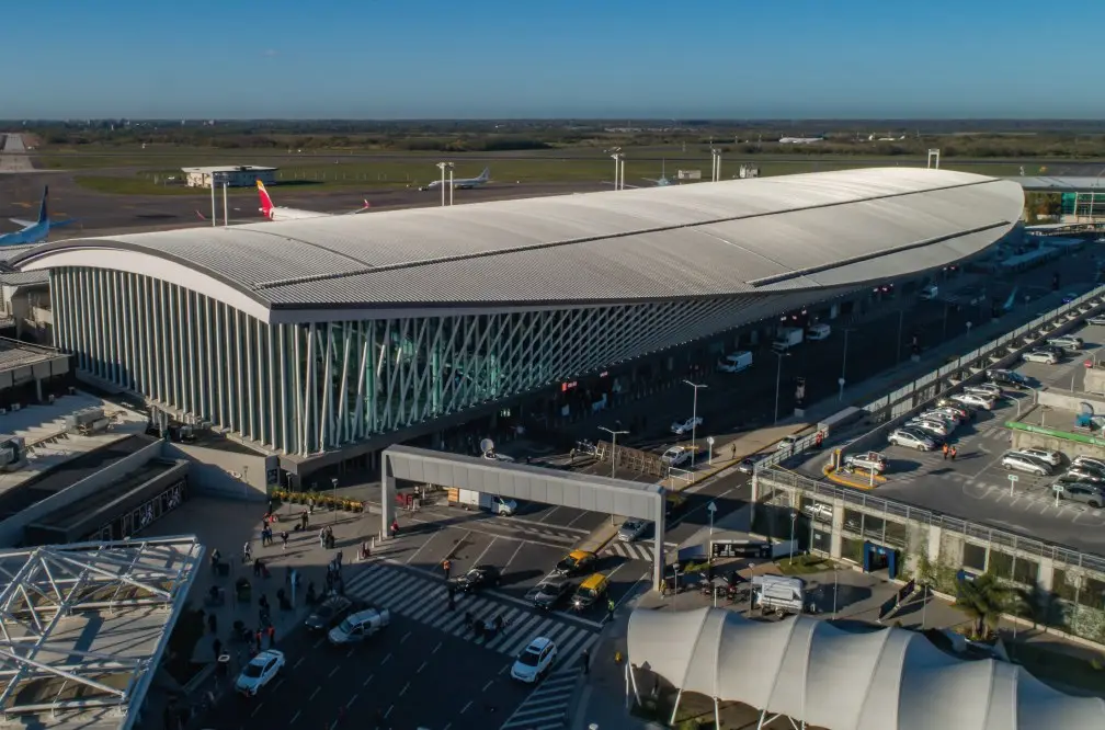 Aerial view of the Ezeiza International Airport terminal, apron and runways
