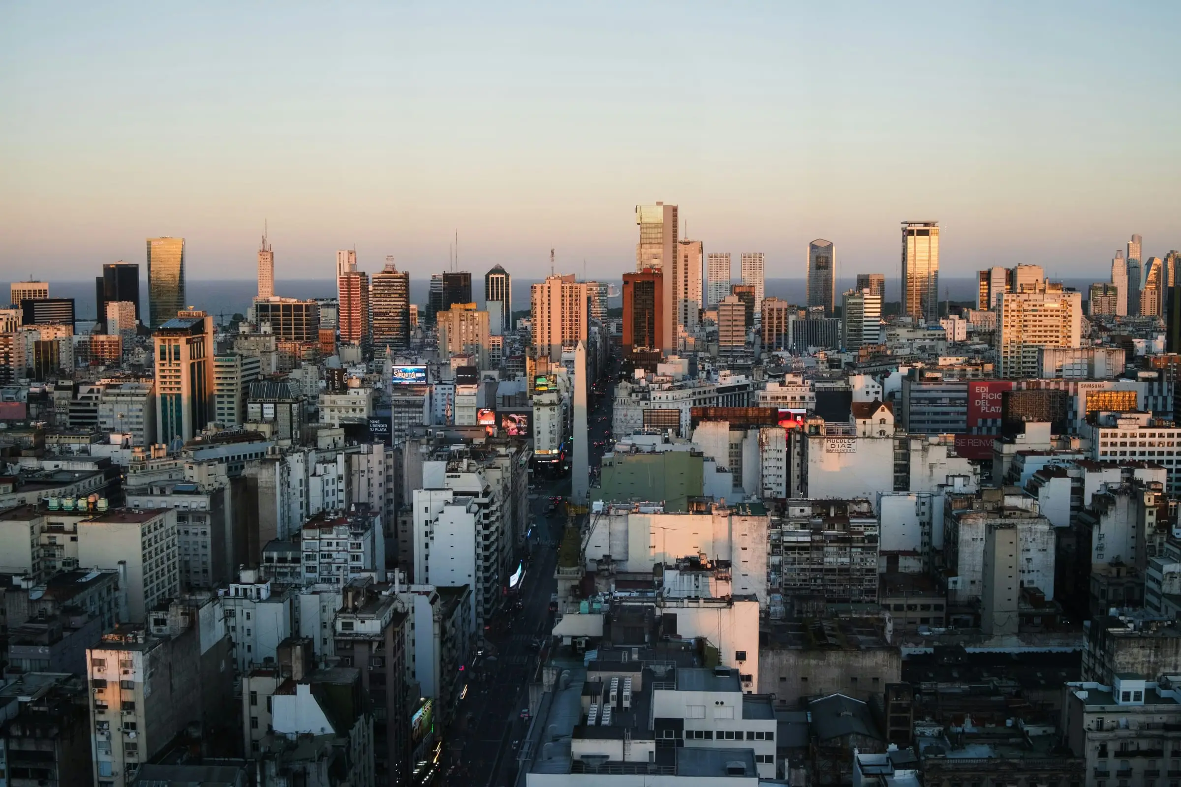 Buenos Aires skyline and Obelisco at golden hour